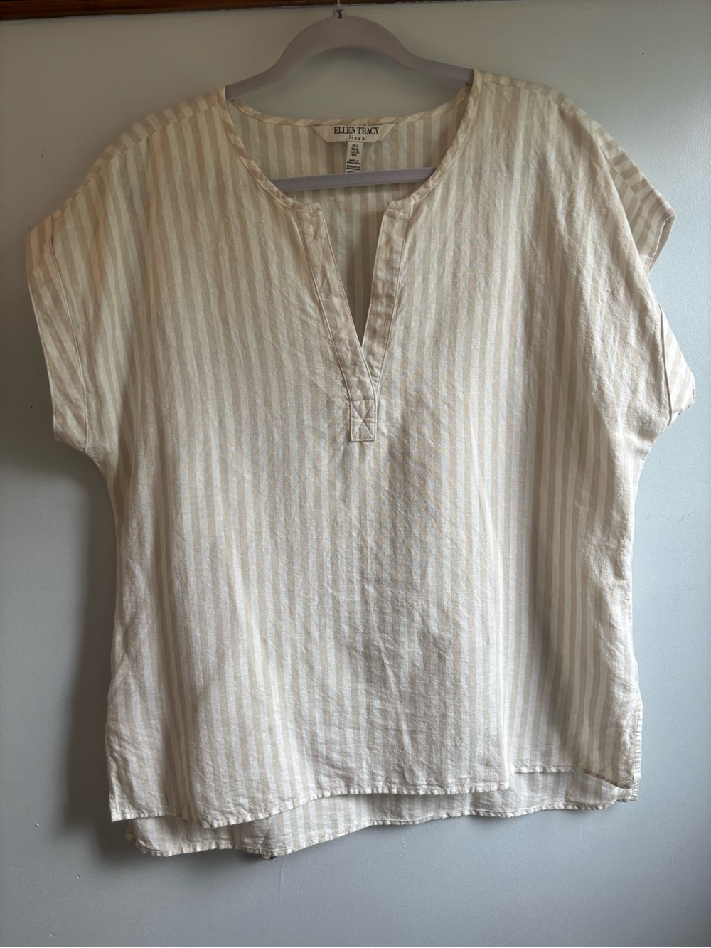 Ellen Tracy Cream and White Striped Short-Sleeve V-Neck Tunic In Linen